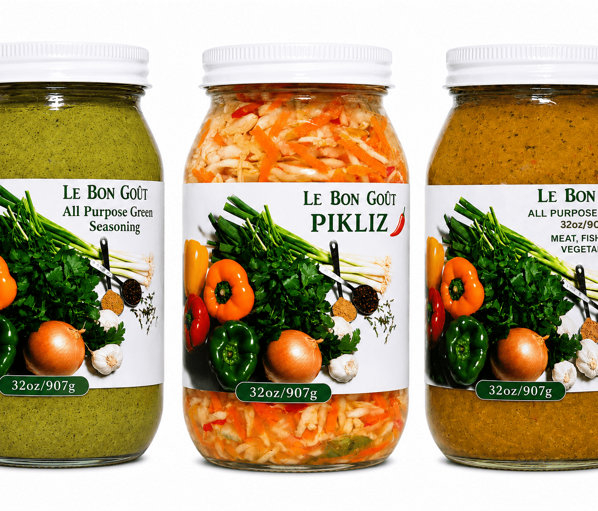 Le Bon Goût Haitian Flavor Bundle | Green Seasoning, All-Purpose Marinade & Pikliz