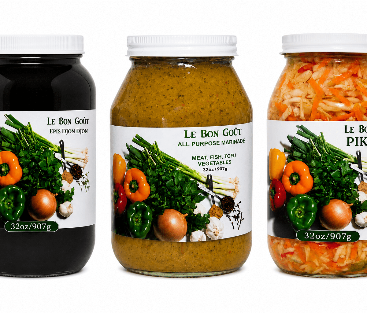 Le Bon Goût Haitian Flavor Bundle | Épis Djon Djon, All-Purpose Marinade & Pikliz