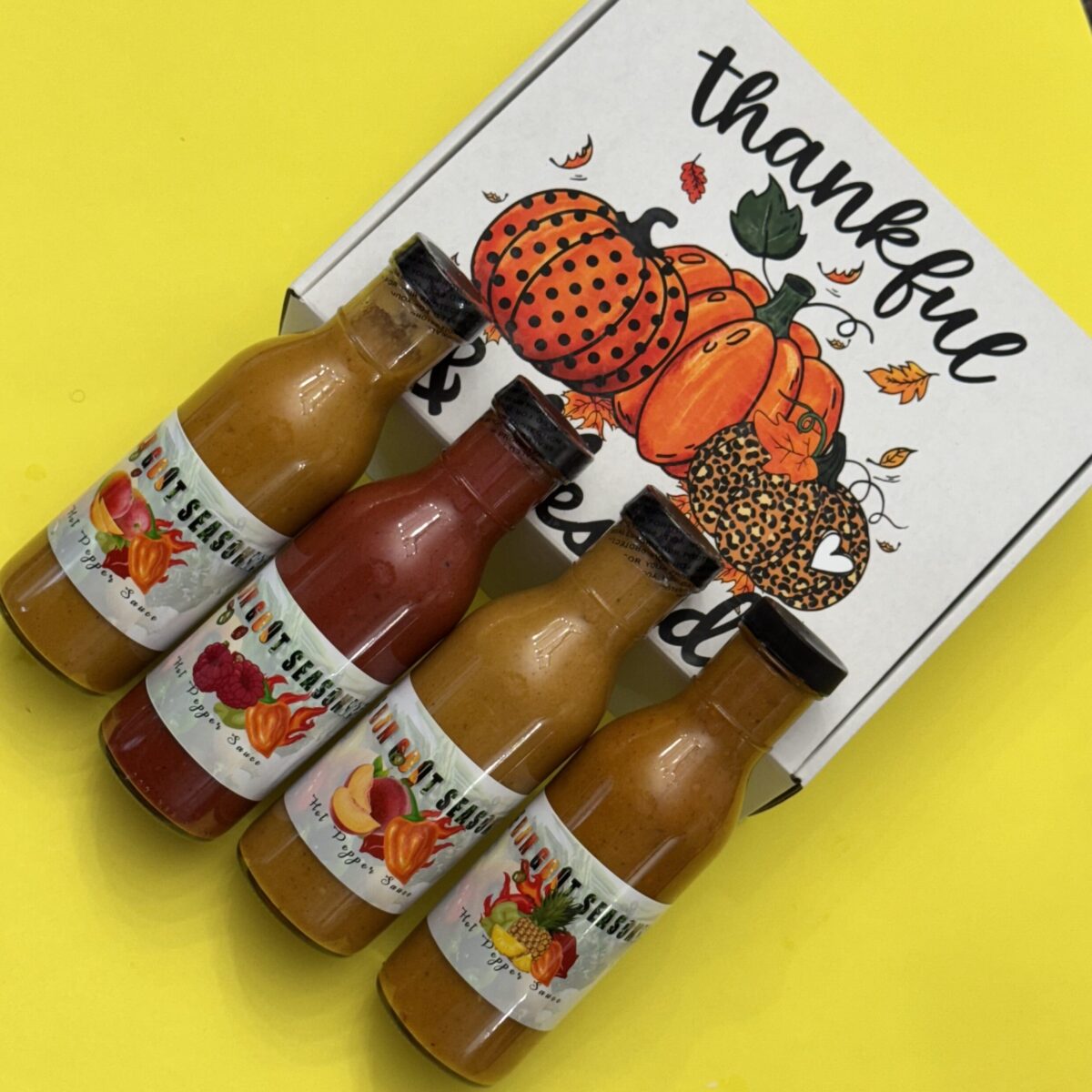 Organic Hot Pepper Sauce Gift Box – 4-Flavor Variety Pack | Pineapple, Mango, Peach, Raspberry & Dragon Fruit Heat Lovers Set
