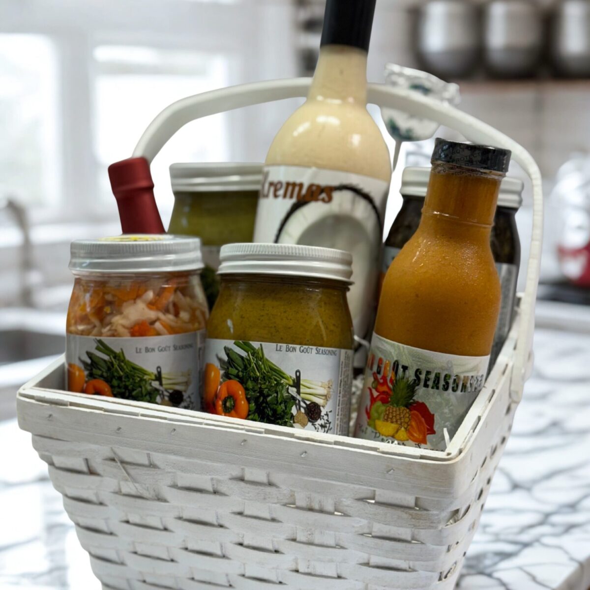 Haitian Seasoning Gourmet Gift Basket: Kremas, Green, Meat, Djon Djon Epis, Pikliz & Hot Pepper Sauces (Personalized Gift Caribbean Set)