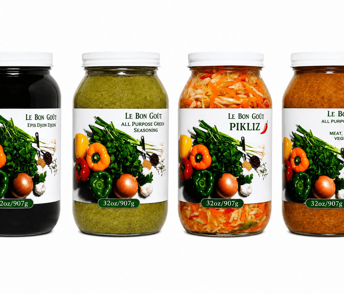 Le Bon Goût Ultimate Haitian Cooking Bundle | Green Seasoning, All-Purpose Marinade, Épis Djon Djon & Pikliz