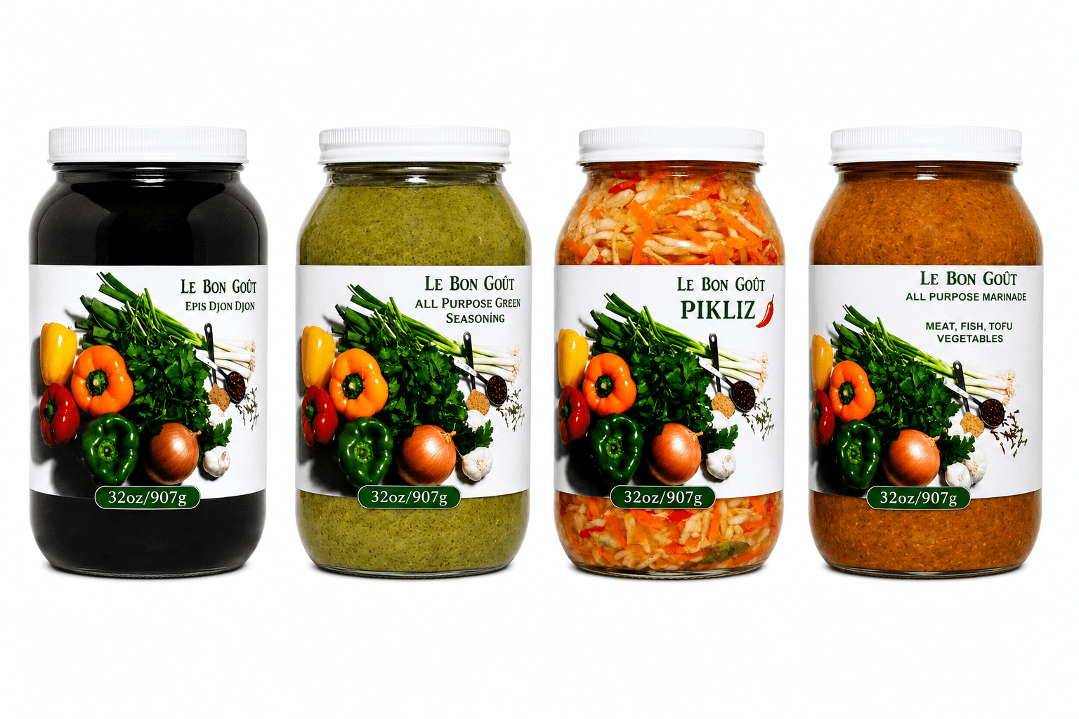 Le Bon Goût Ultimate Haitian Cooking Bundle | Green Seasoning, All-Purpose Marinade, Épis Djon Djon & Pikliz